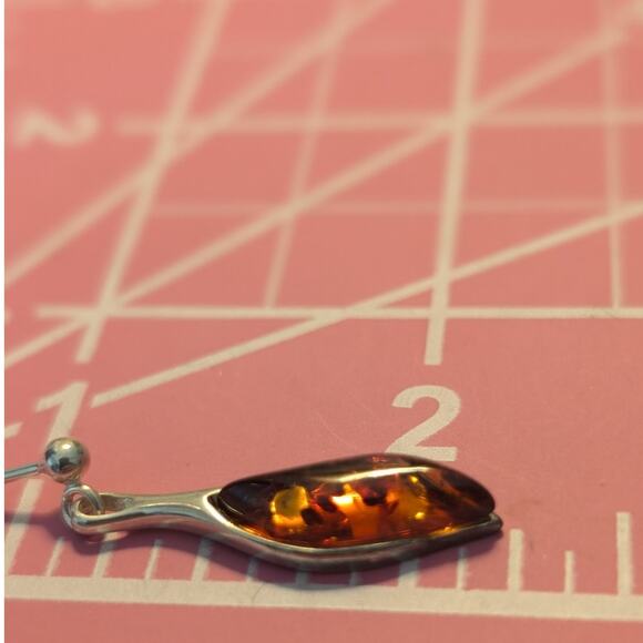 Vintage Marked 925 Sterling Silver Baltic Amber Post Dangle Earrings - Picture 5 of 8